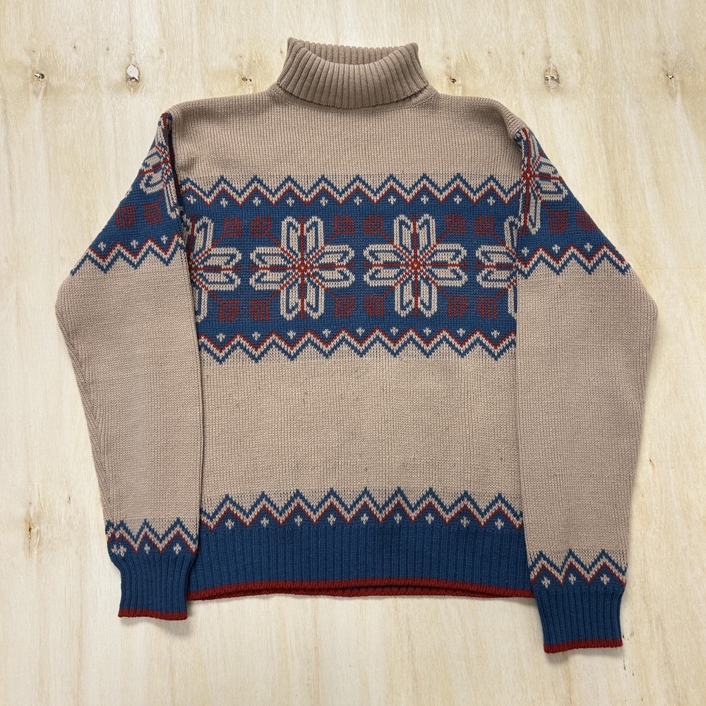 Vintage 70s 80s Montgomery‎ Ward Sweater Mens Medium Beige Fair Isle Turtleneck